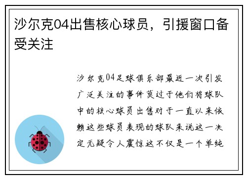 沙尔克04出售核心球员，引援窗口备受关注